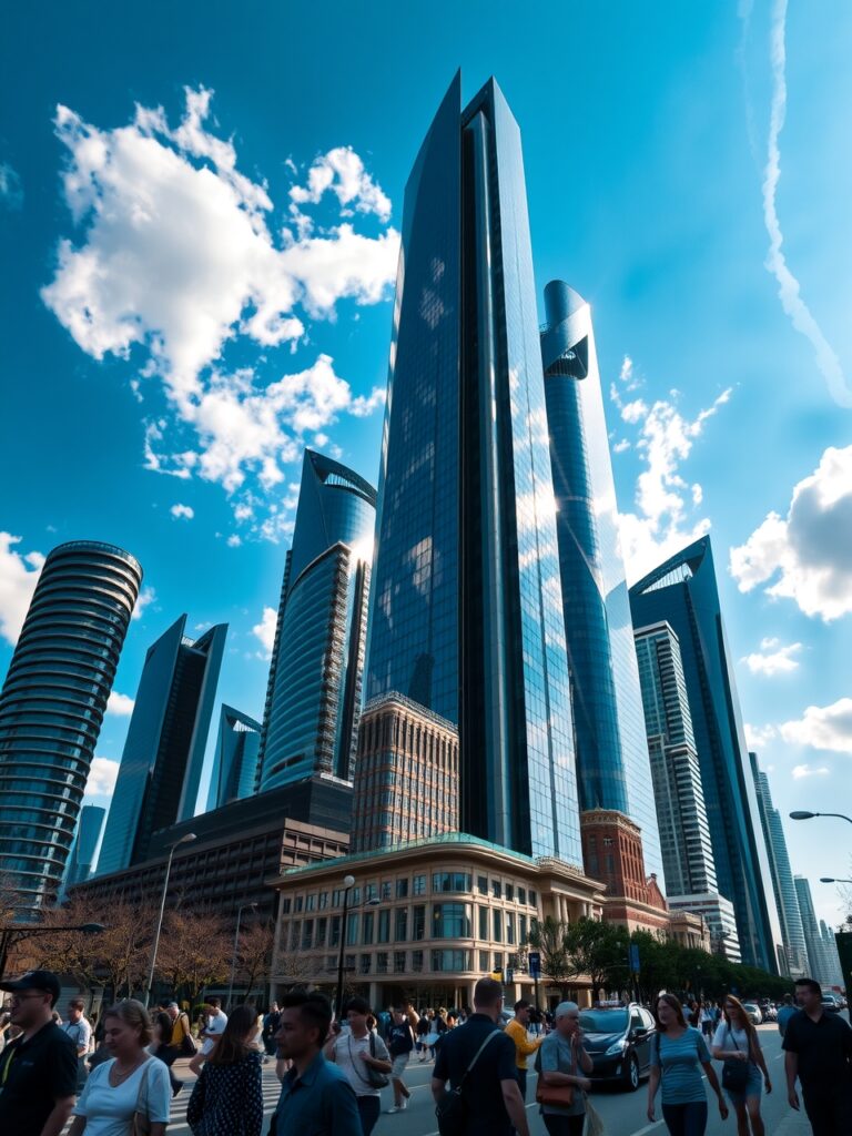Modern Skyscrapers Against a Clear Blue Sky – free AI stock image