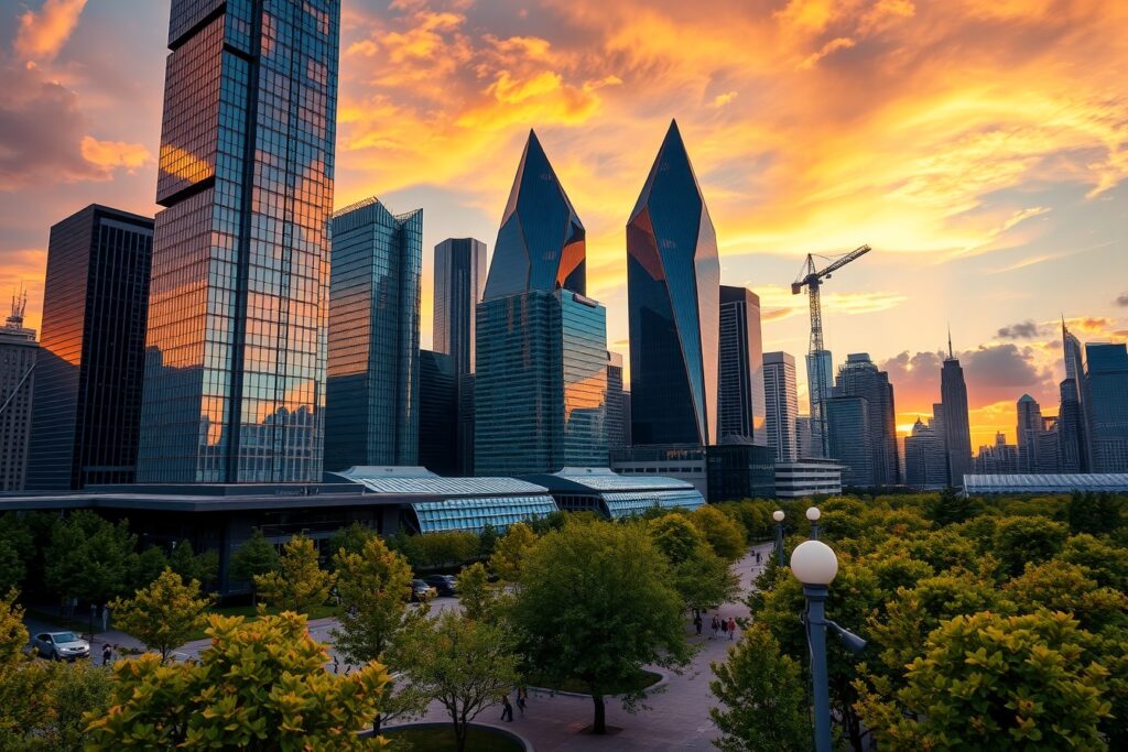 Modern Skyscrapers Against a Sunset Sky – free AI stock image