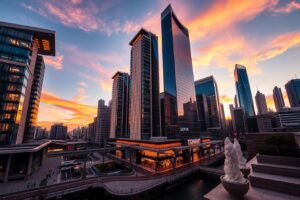 Modern Skyscrapers Against a Sunset Sky – free AI stock image