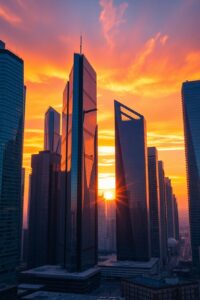 Modern Skyscrapers against a Sunset Sky – free AI stock image
