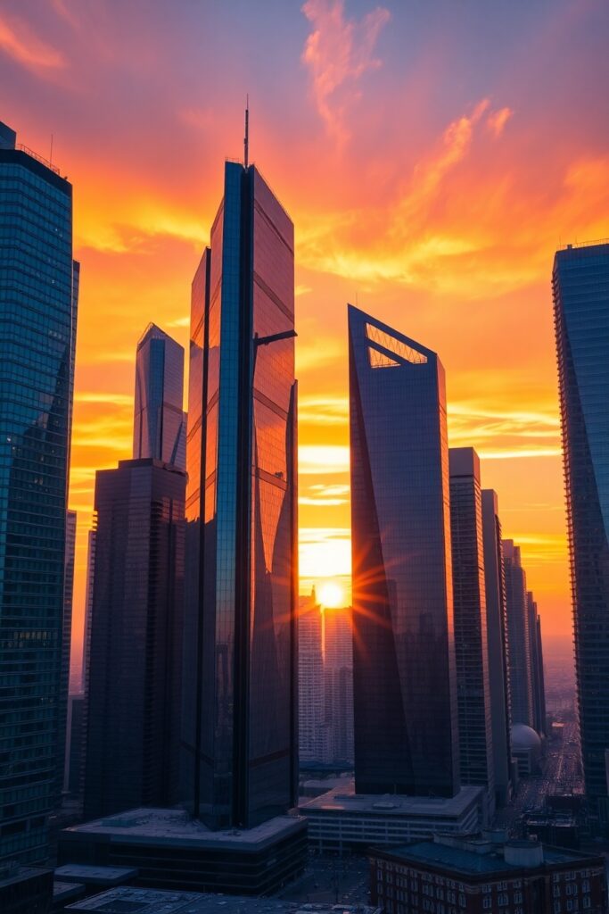 Modern Skyscrapers against a Sunset Sky – free AI stock image