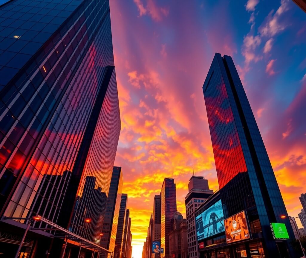 Modern Skyscrapers Against a Sunset Sky – free AI stock image