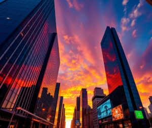 Modern Skyscrapers Against a Sunset Sky – free AI stock image