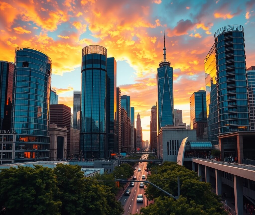 Modern Skyscrapers Against a Sunset Sky – free AI stock image