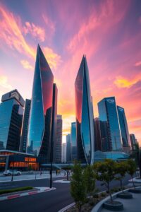 Modern Skyscrapers Against a Sunset Sky – free AI stock image