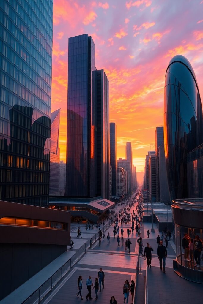 Modern Skyscrapers Against a Sunset Sky – free AI stock image