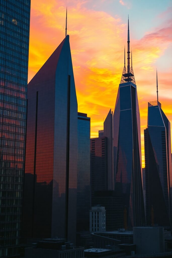Modern Skyscrapers Against a Sunset Sky – free AI stock image