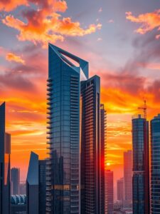 Modern Skyscrapers Against a Sunset Sky – free AI stock image