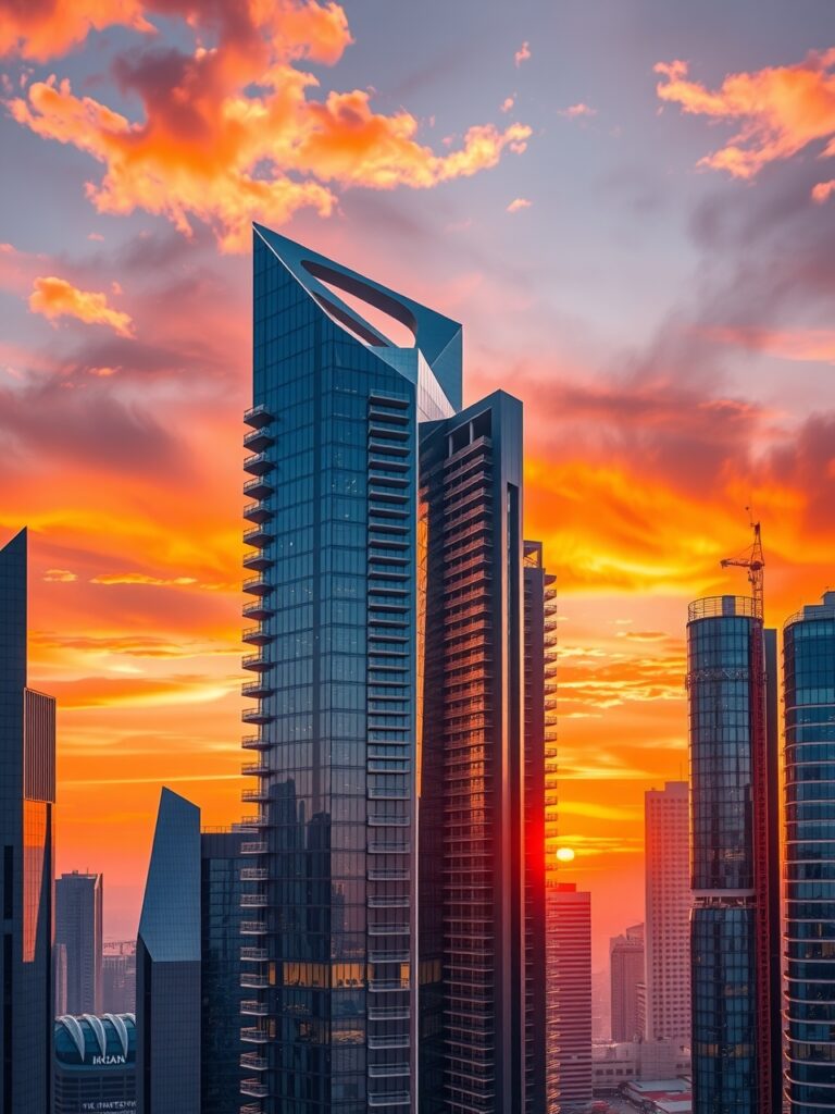 Modern Skyscrapers Against a Sunset Sky – free AI stock image