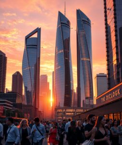 Modern Skyscrapers Against a Sunset Sky – free AI stock image