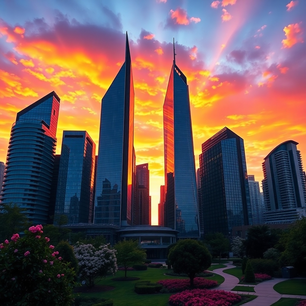 Modern Skyscrapers Against a Sunset Sky – free AI stock image