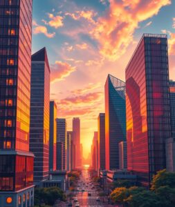 Modern Skyscrapers Against a Vibrant Sunset – free AI stock image