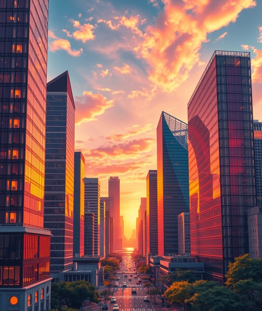 Modern Skyscrapers Against a Vibrant Sunset – free AI stock image