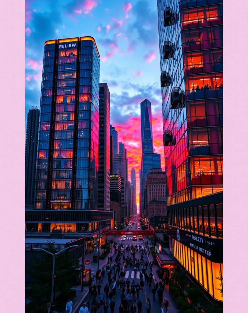 Modern Skyscrapers Against a Sunset Sky – free AI stock image