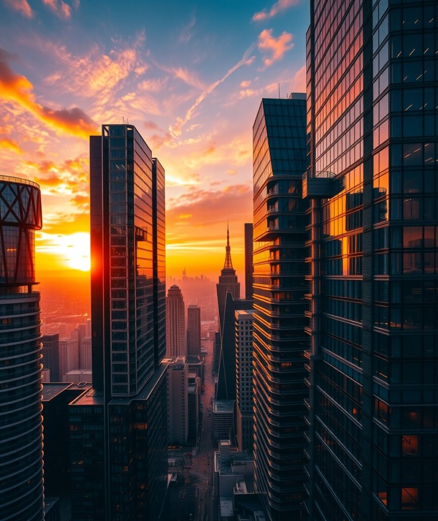 Modern Skyscrapers Illuminated at Sunset – free AI stock image