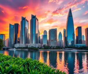 Modern Skyscrapers Reflecting in the Water – free AI stock image