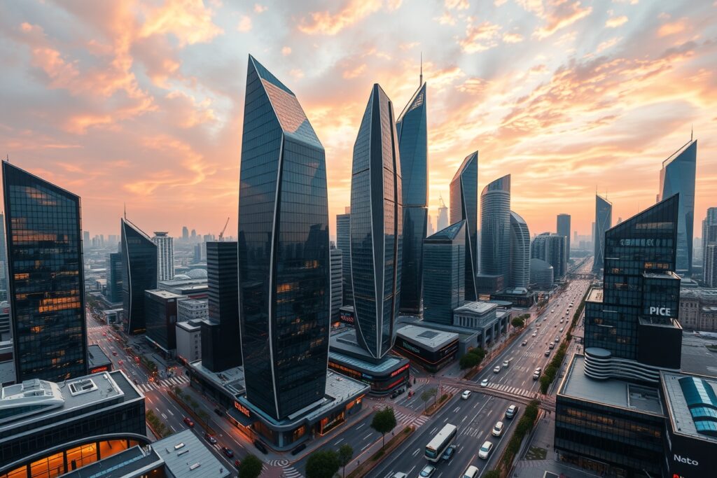 Modern Skyscrapers Reflecting the Sunset – free AI stock image