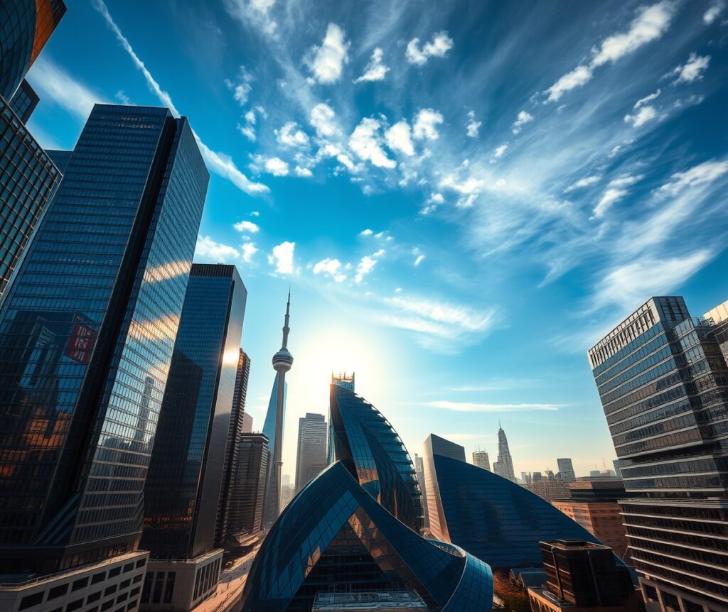 Modern Skyscrapers Under a Clear Blue Sky – free AI stock image
