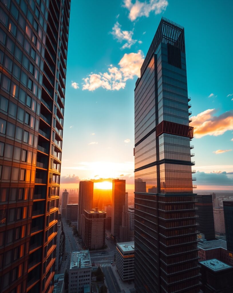 Modern Skyscrapers Under a Golden Sunset – free AI stock image