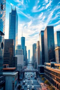 Modern Skyscrapers Under a Clear Blue Sky – free AI stock image