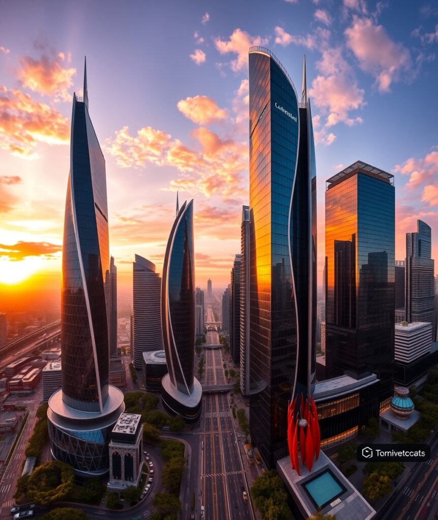Modern Skyscrapers Under Dramatic Sunset – free AI stock image