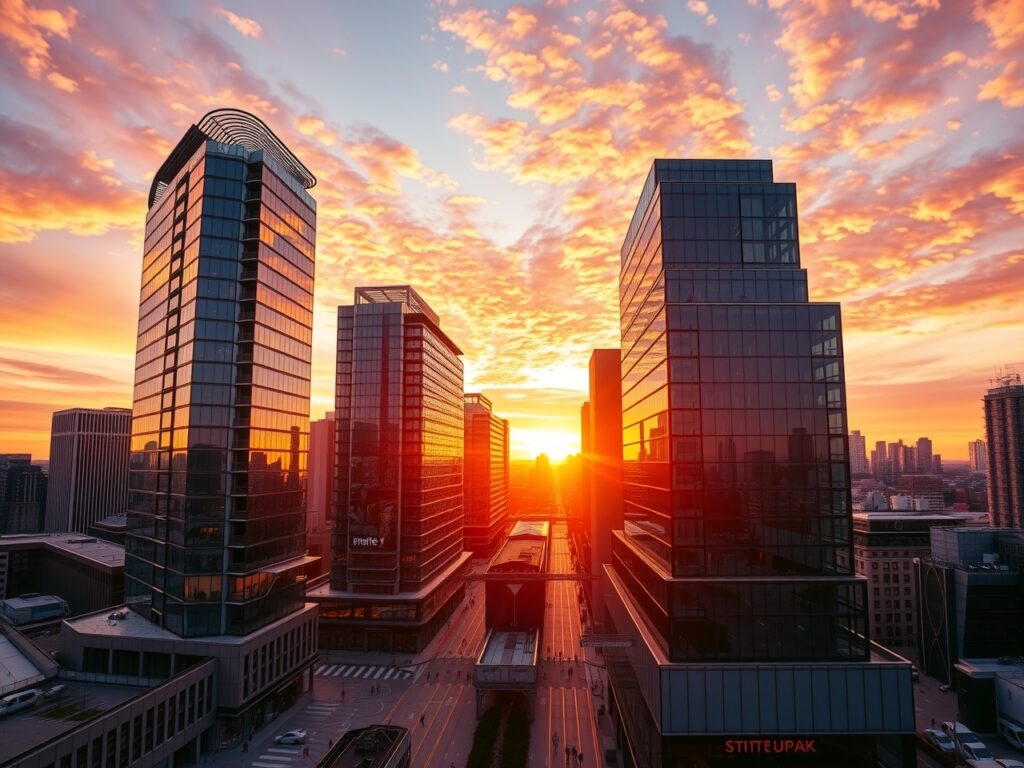 Modern Skyscrapers Under Sunset Glow – free AI stock image