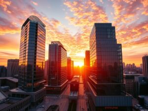 Modern Skyscrapers Under Sunset Glow – free AI stock image