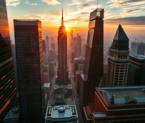 Modern Urban Architecture in Sunset Glow – free AI stock image