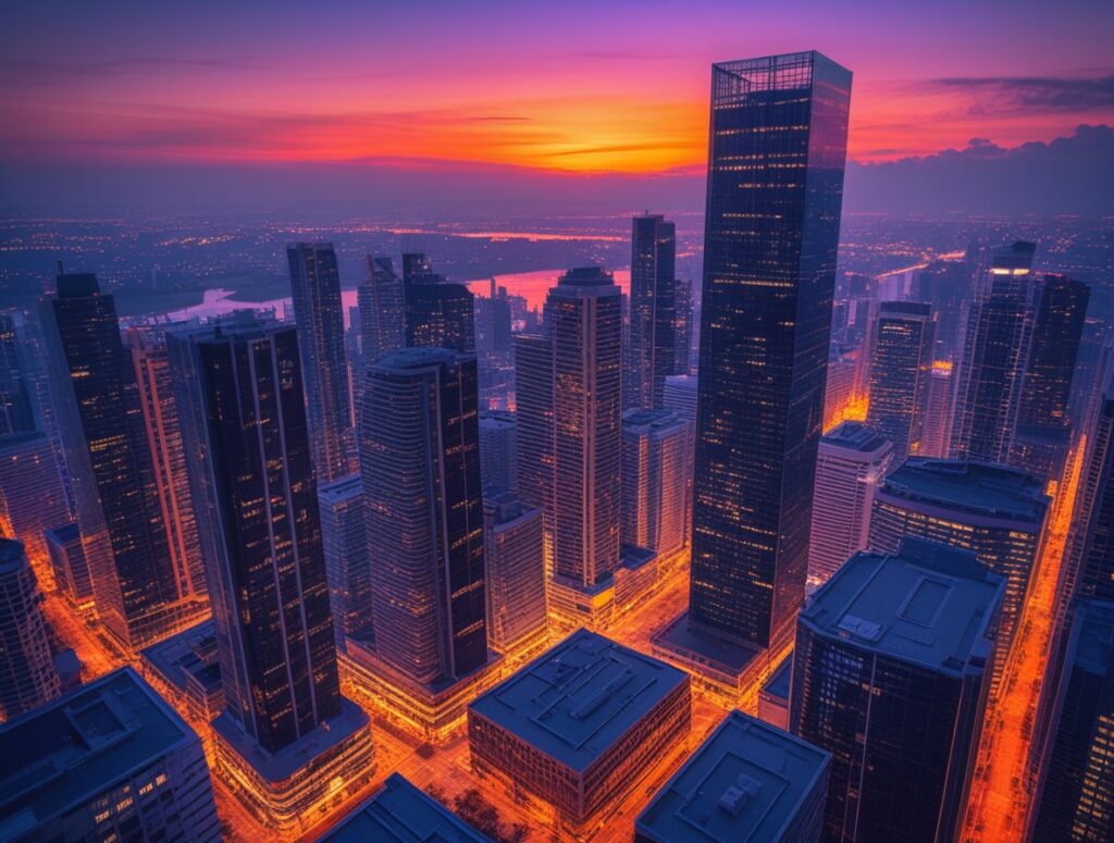 Modern Urban Skyline at Sunset – free AI stock image