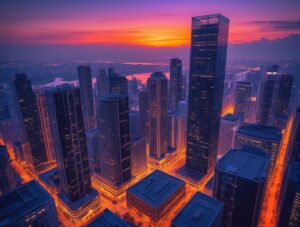 Modern Urban Skyline at Sunset – free AI stock image