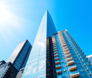 Modern Urban Skyscraper Against Blue Sky – free AI stock image