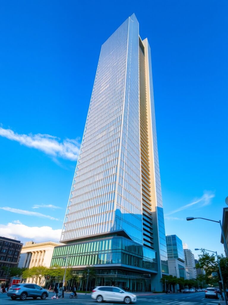 Modern Urban Skyscraper Against Clear Blue Sky – free AI stock image