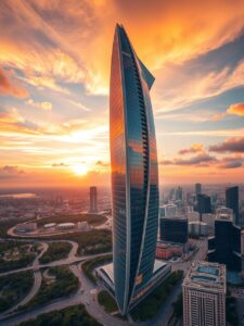 Modern Urban Skyscraper Against Sunset Sky – free AI stock image