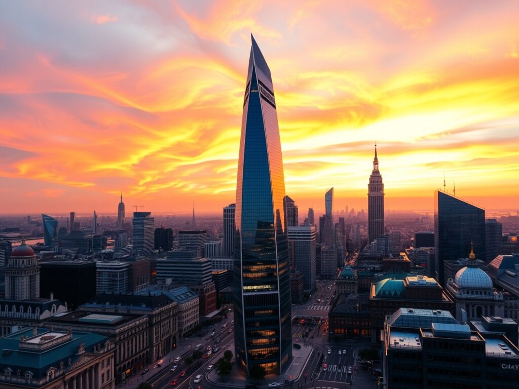 Modern Urban Skyscraper against Sunset Sky – free AI stock image
