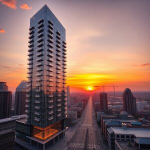 Modern Urban Skyscraper at Sunrise – free AI stock image