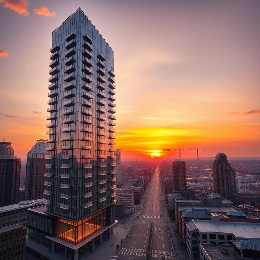 Modern Urban Skyscraper at Sunrise – free AI stock image