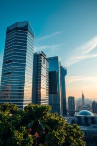 Modern Urban Skyscrapers Against Blue Sky – free AI stock image