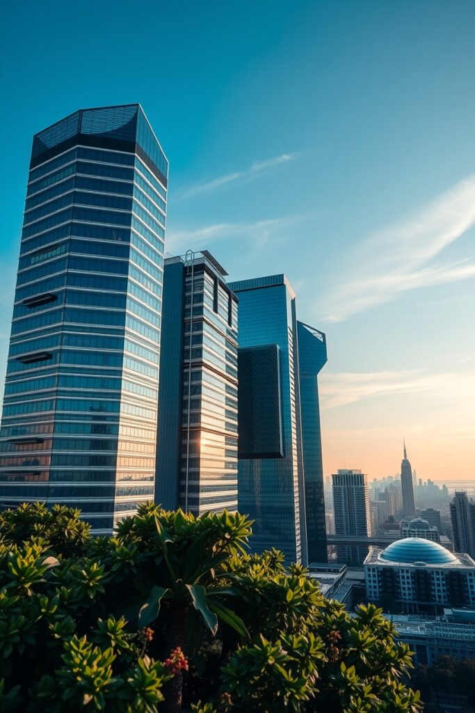 Modern Urban Skyscrapers Against Blue Sky – free AI stock image