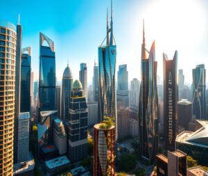 Modern Urban Skyscrapers Against Blue Sky – free AI stock image