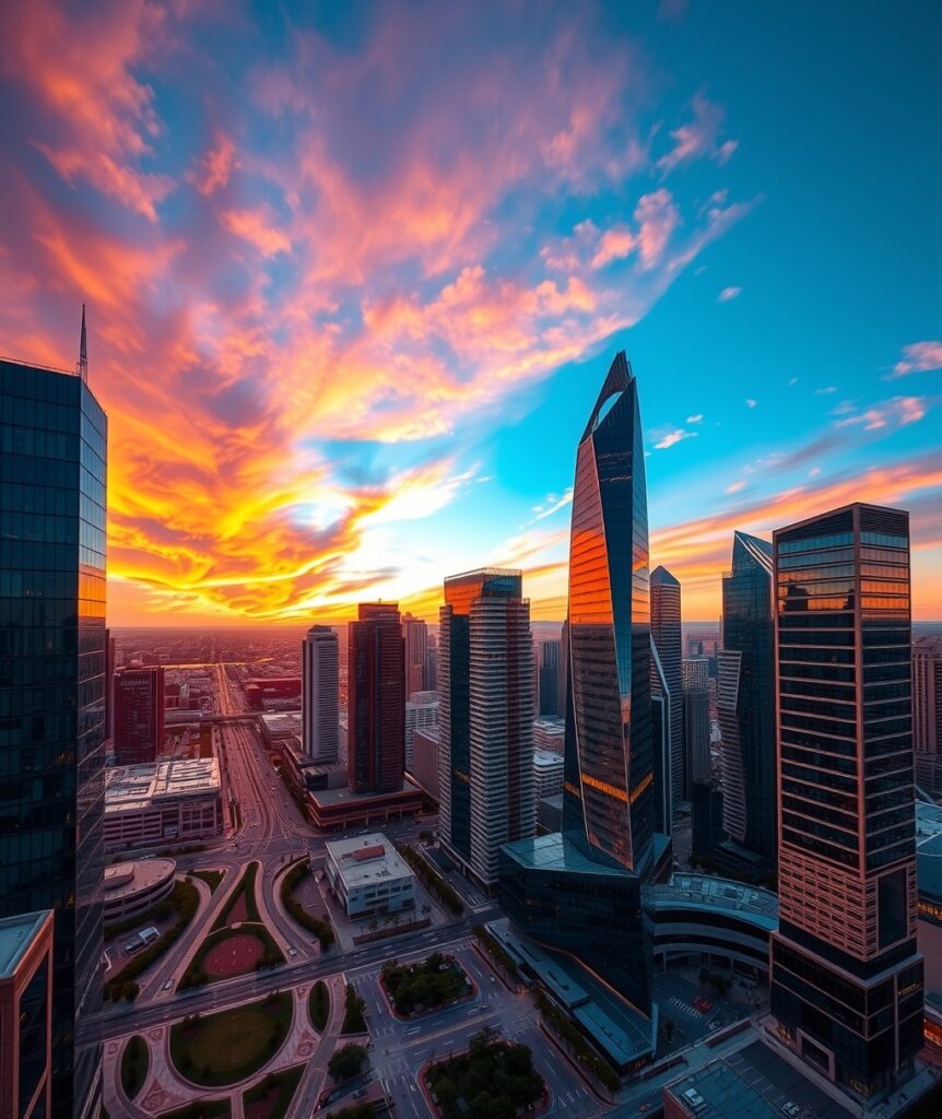 Modern Urban Skyscrapers Against Sunset – free AI stock image