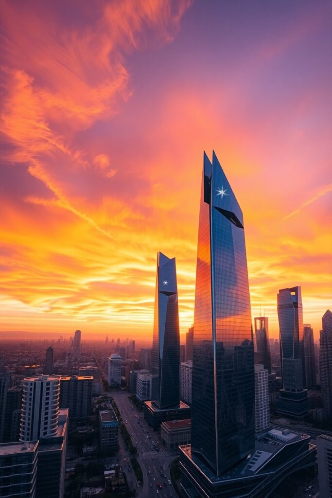 Modern Urban Skyscrapers Against Sunset Sky – free AI stock image
