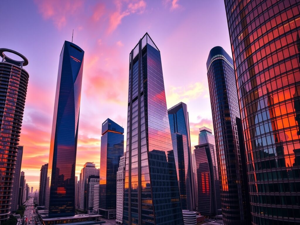 Modern Urban Skyscrapers at Sunset – free AI stock image