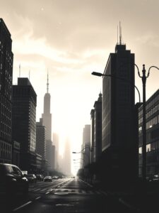 Monochrome Cityscape at Dawn – free AI stock image