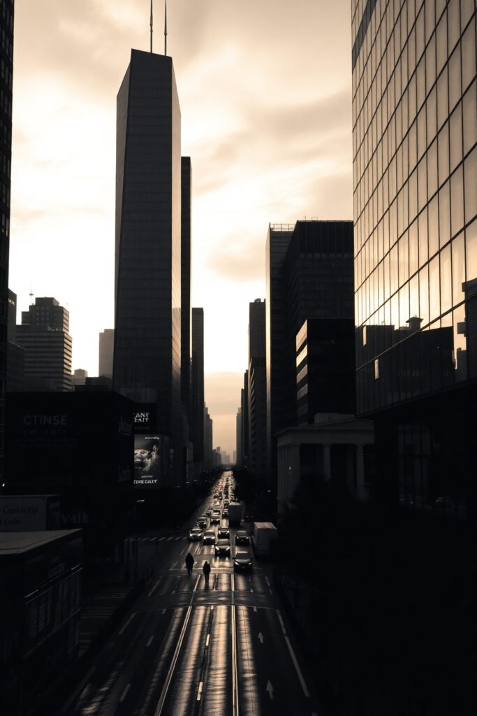 Monochrome Cityscape at Dusk – free AI stock image