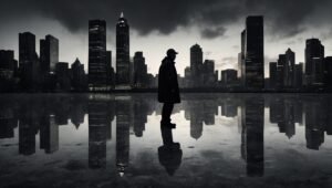 Monochrome Cityscape with Silhouetted Figures – free AI stock image