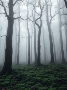 Monochrome Dreamscape of a Foggy Forest – free AI stock image