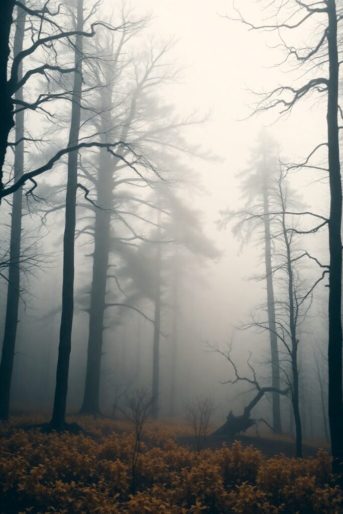 Monochrome Forest in Foggy Morning Light – free AI stock image