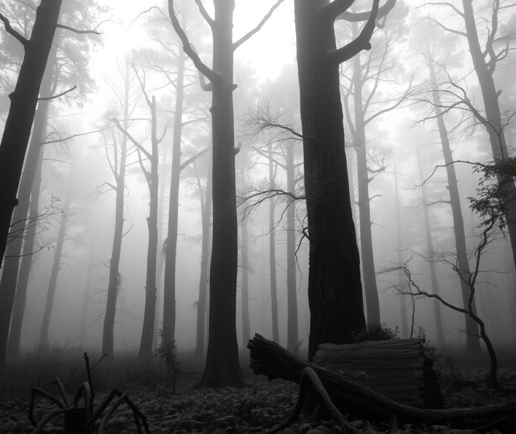 Monochrome Forest in Misty Morning Light – free AI stock image