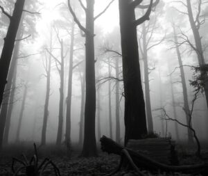 Monochrome Forest in Misty Morning Light – free AI stock image