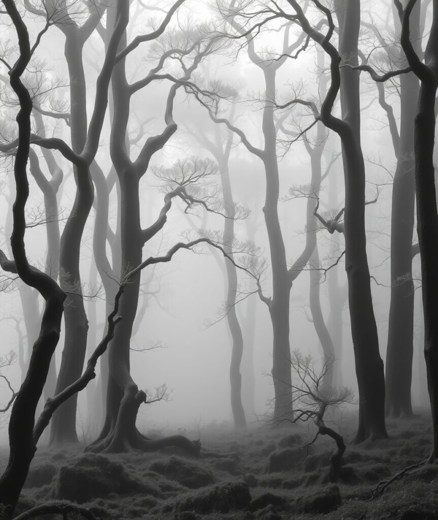 Monochrome Forest in Misty Silence – free AI stock image